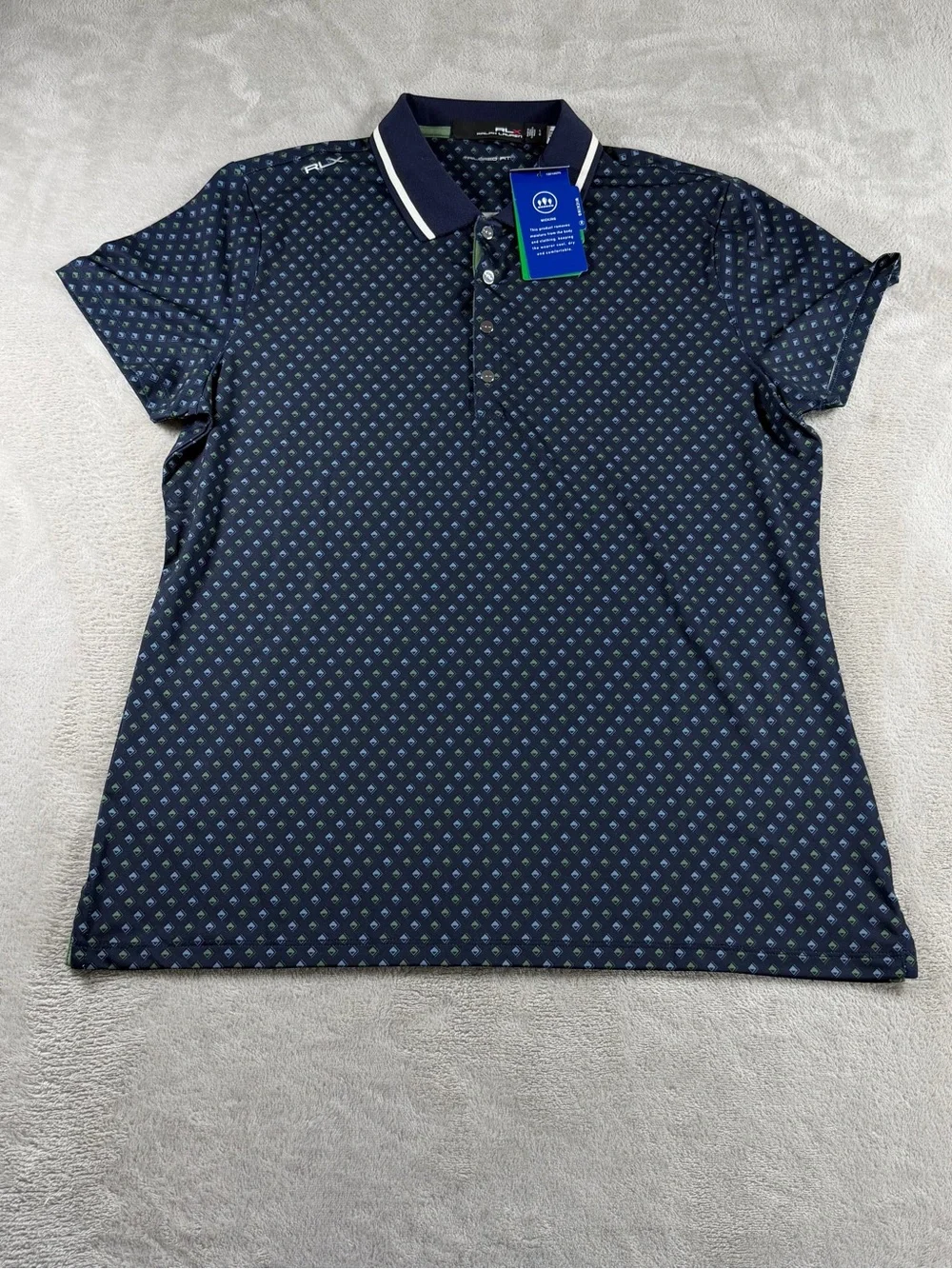 RLX Ralph Lauren Womens Geometric Golf Polo Shirt L Navy Tailored Fit